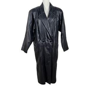 John Weitz Trench Coat Black Leather Shoulder Pads Mob Wife Medium Petite Vtg